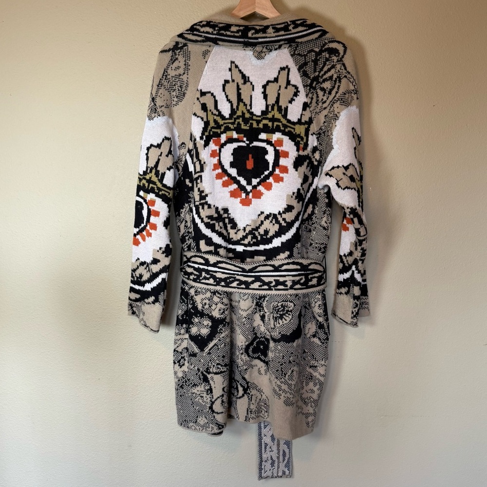 Aldo Martins Intarsia Knit Wool Button Front Sweater Cardigan Belted Size 8 - Picture 4 of 7